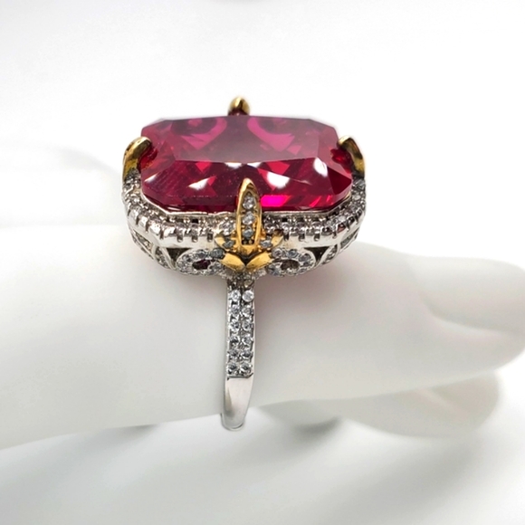 15CTW+ High Quality Radiant Cut Lab Ruby High Quality Czs 925 Ring - Picture 6 of 13